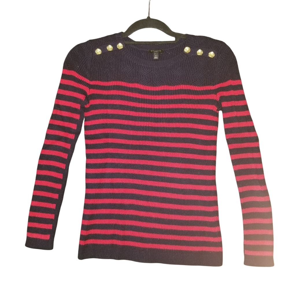 Talbots Nautical Sweater Striped Navy Red Gold Buttons Size Petite Long Sleeve